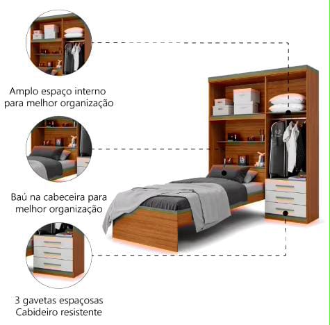 Guarda Roupa Solteiro Com Cama 4 Portas 3 Gavetas