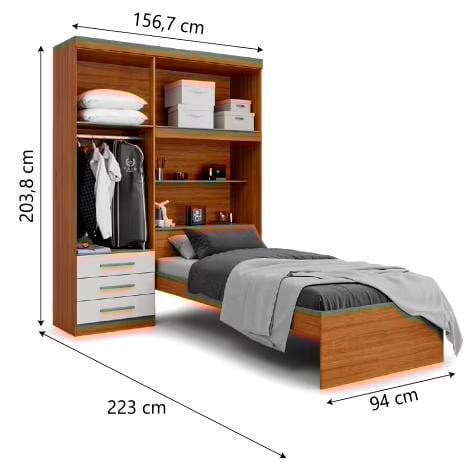 Guarda Roupa Solteiro Com Cama 4 Portas 3 Gavetas