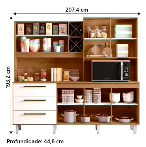 Armário de Cozinha Completa Com Adega 7 Portas 3 Gavetas 2,07m