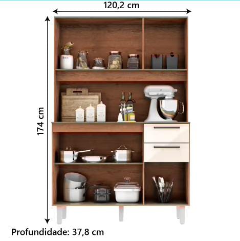 Armário de Cozinha Completa Compacta 6 Portas 2 Gavetas 1,20m