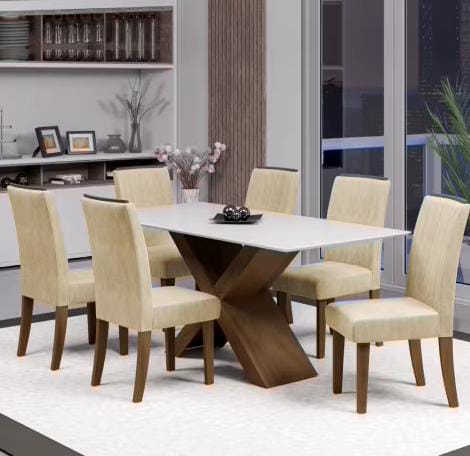 Conjunto de Mesa Sala de Jantar Tampo Com Vidro 6 Cadeiras